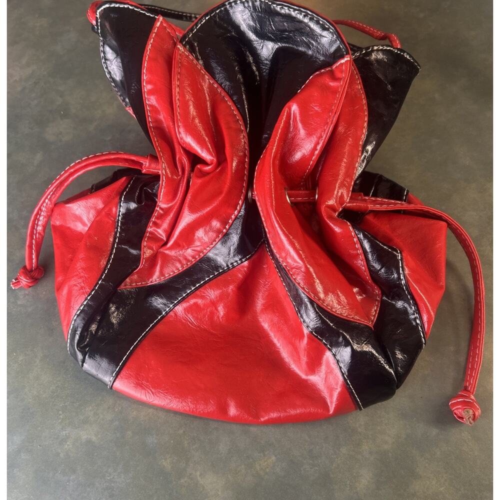 Vintage Boho Red Black Leather Drawstring Bucket Purse Floral Petal Shoulder Bag